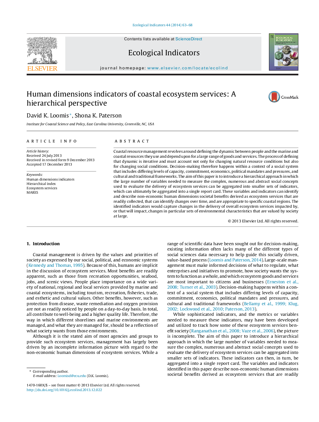 Human dimensions indicators of coastal ecosystem services: A hierarchical perspective