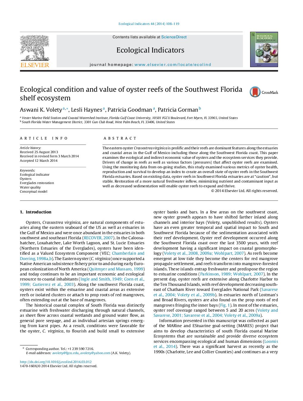 Ecological condition and value of oyster reefs of the Southwest Florida shelf ecosystem