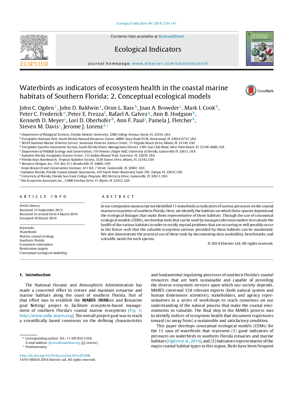 Waterbirds as indicators of ecosystem health in the coastal marine habitats of Southern Florida: 2. Conceptual ecological models