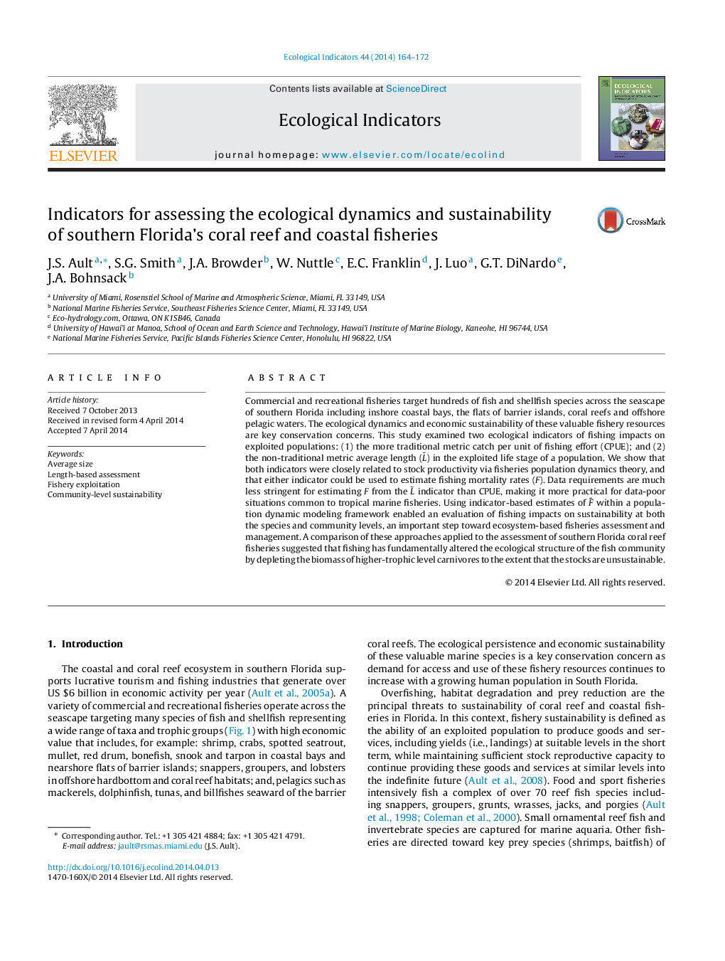 Indicators for assessing the ecological dynamics and sustainability of southern Florida's coral reef and coastal fisheries