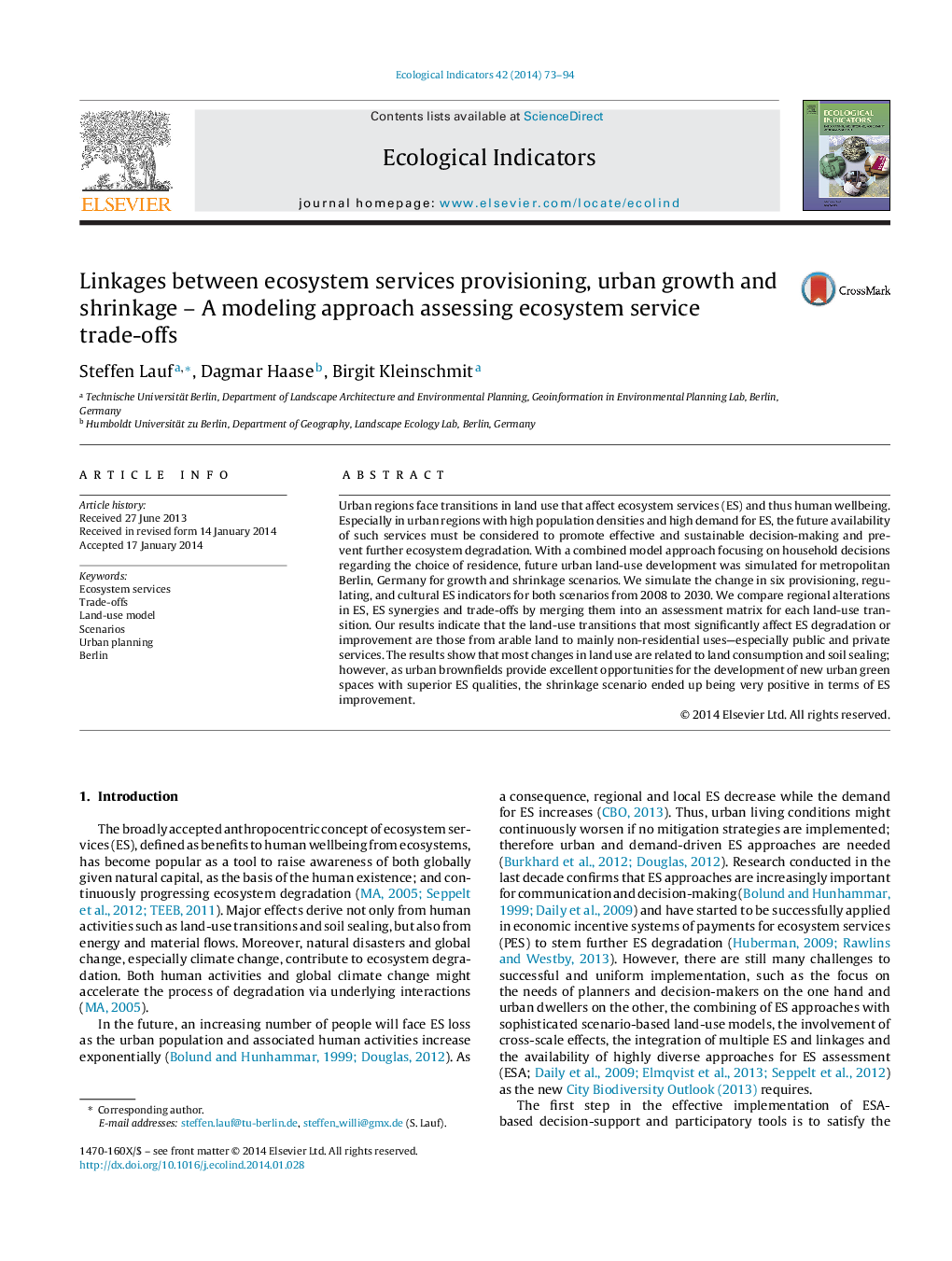 Linkages between ecosystem services provisioning, urban growth and shrinkage – A modeling approach assessing ecosystem service trade-offs