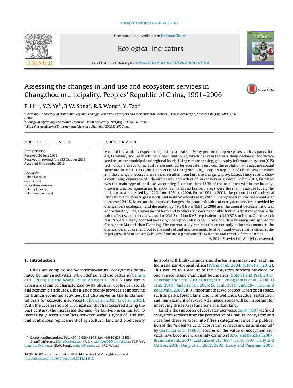 Assessing the changes in land use and ecosystem services in Changzhou municipality, Peoples’ Republic of China, 1991–2006