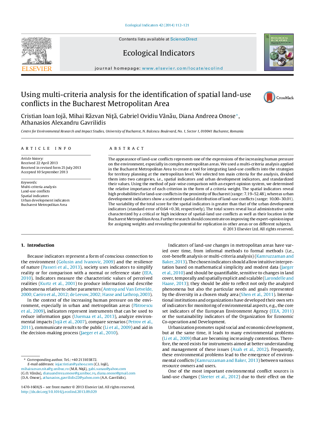 Using multi-criteria analysis for the identification of spatial land-use conflicts in the Bucharest Metropolitan Area