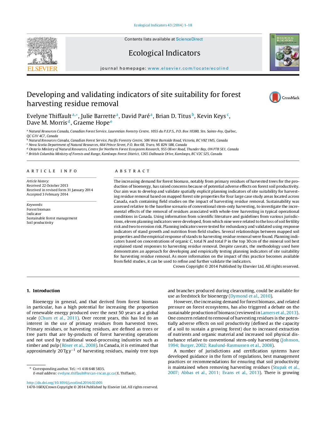 Developing and validating indicators of site suitability for forest harvesting residue removal