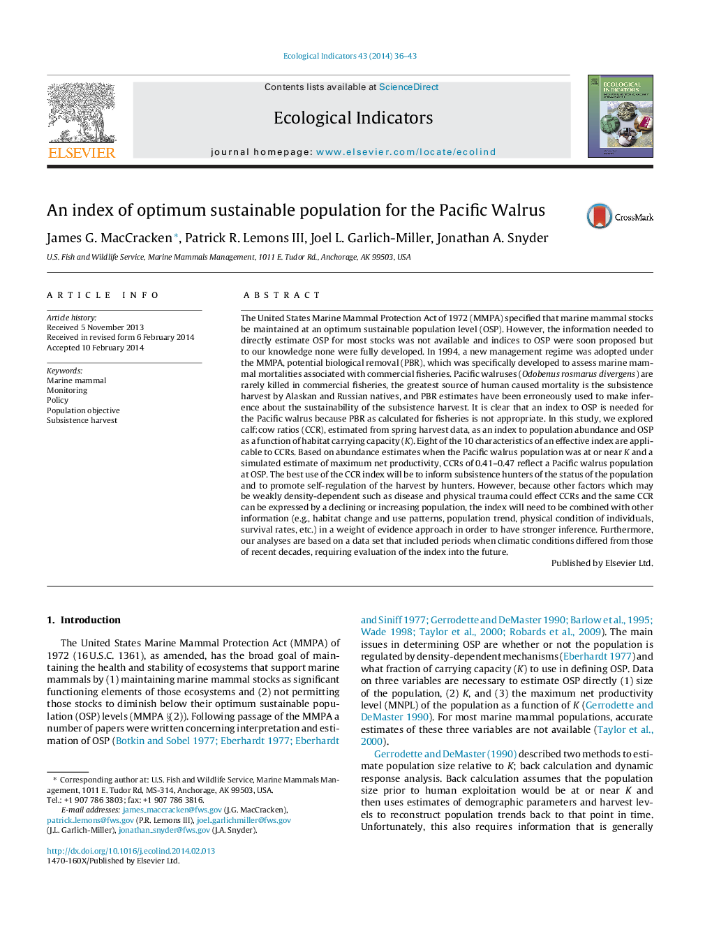 An index of optimum sustainable population for the Pacific Walrus