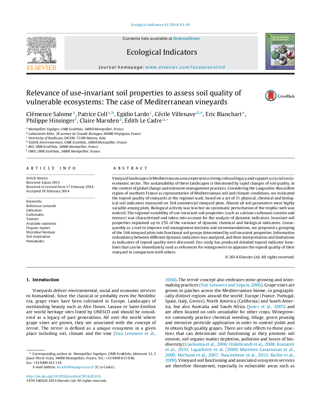 Relevance of use-invariant soil properties to assess soil quality of vulnerable ecosystems: The case of Mediterranean vineyards