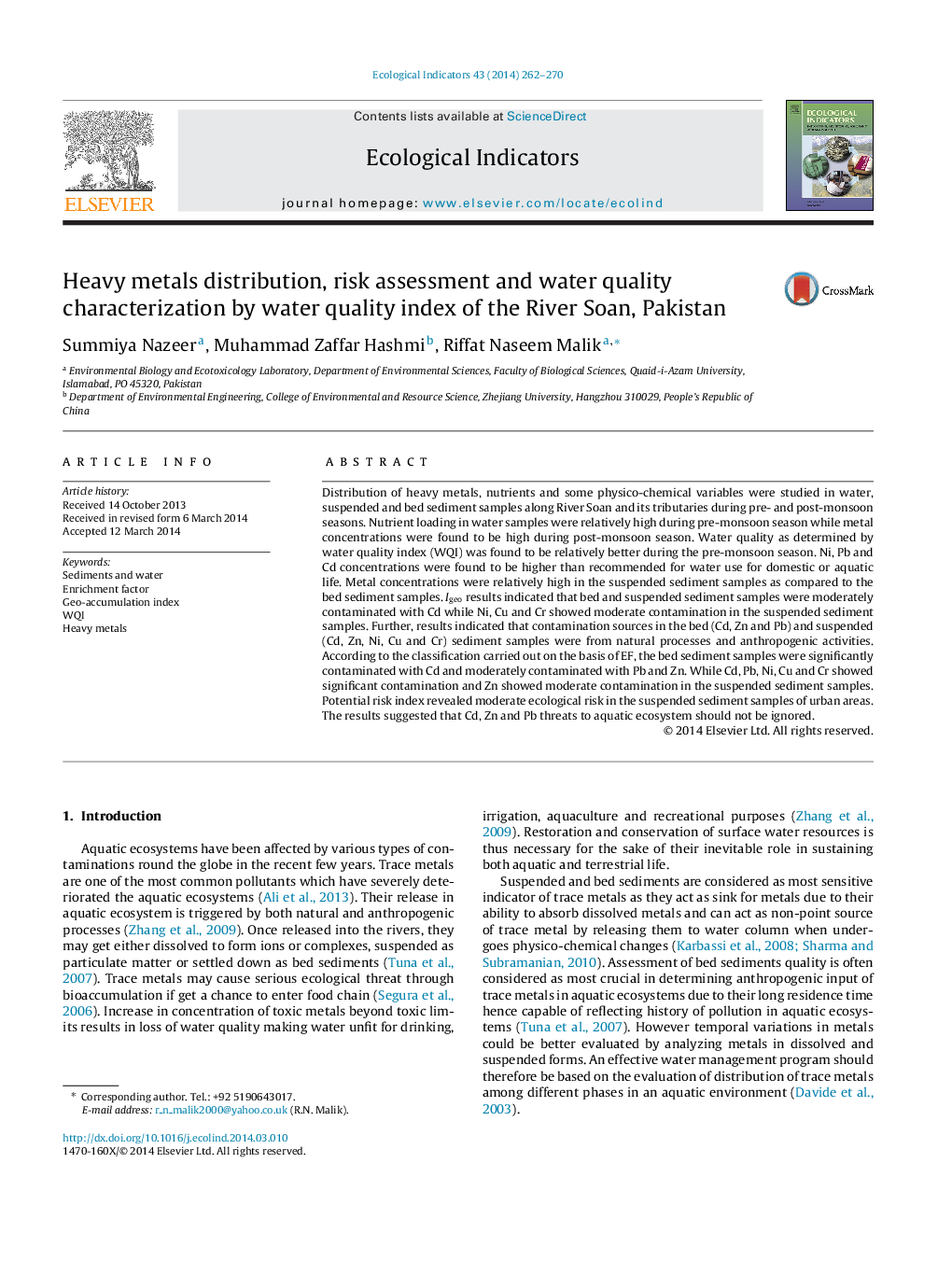 Heavy metals distribution, risk assessment and water quality characterization by water quality index of the River Soan, Pakistan