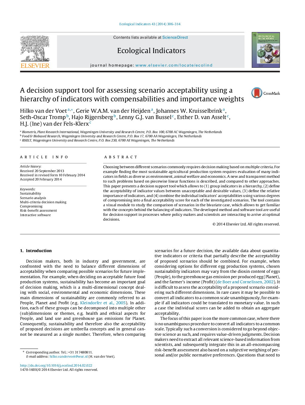 A decision support tool for assessing scenario acceptability using a hierarchy of indicators with compensabilities and importance weights