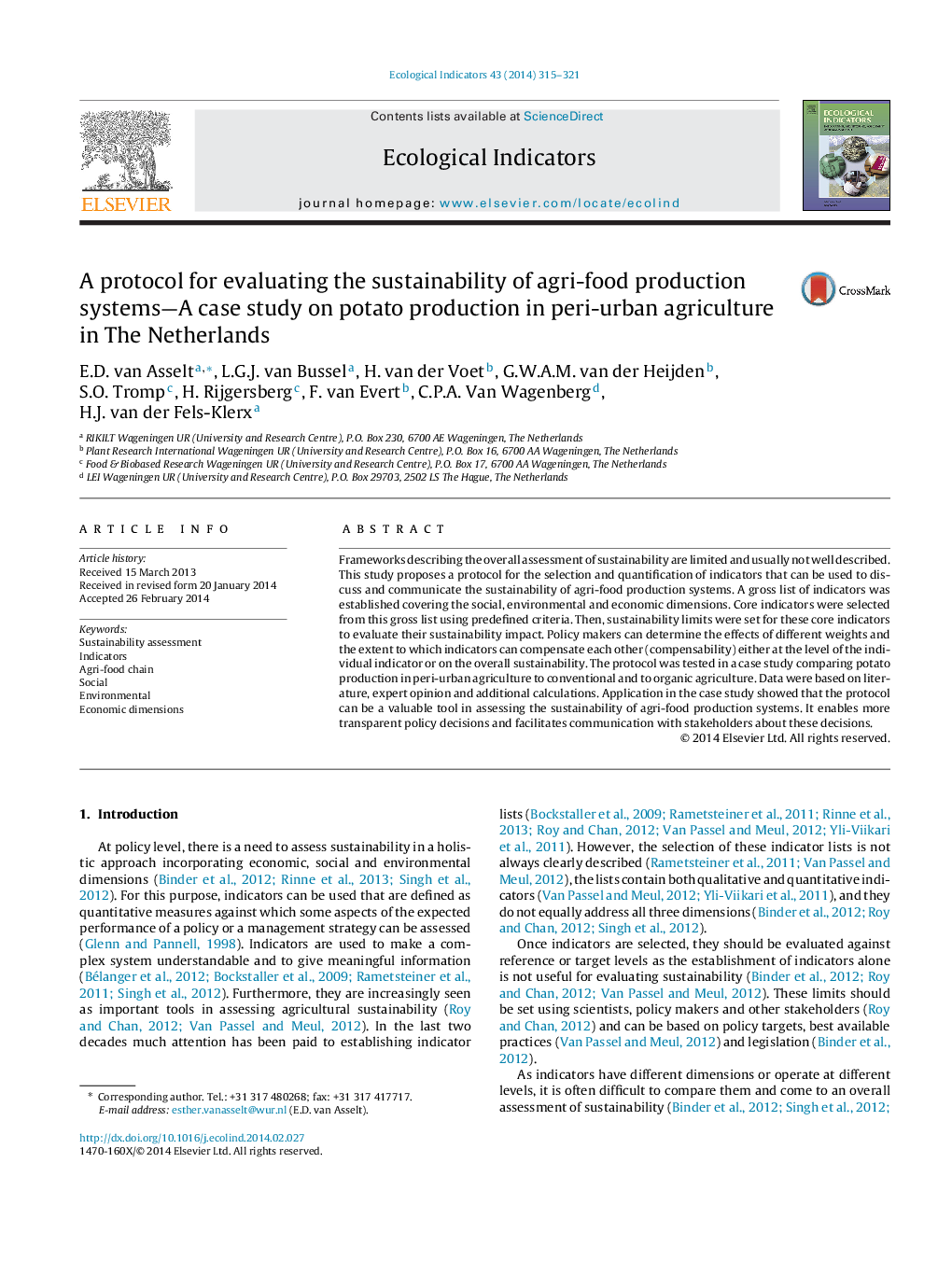 A protocol for evaluating the sustainability of agri-food production systems—A case study on potato production in peri-urban agriculture in The Netherlands