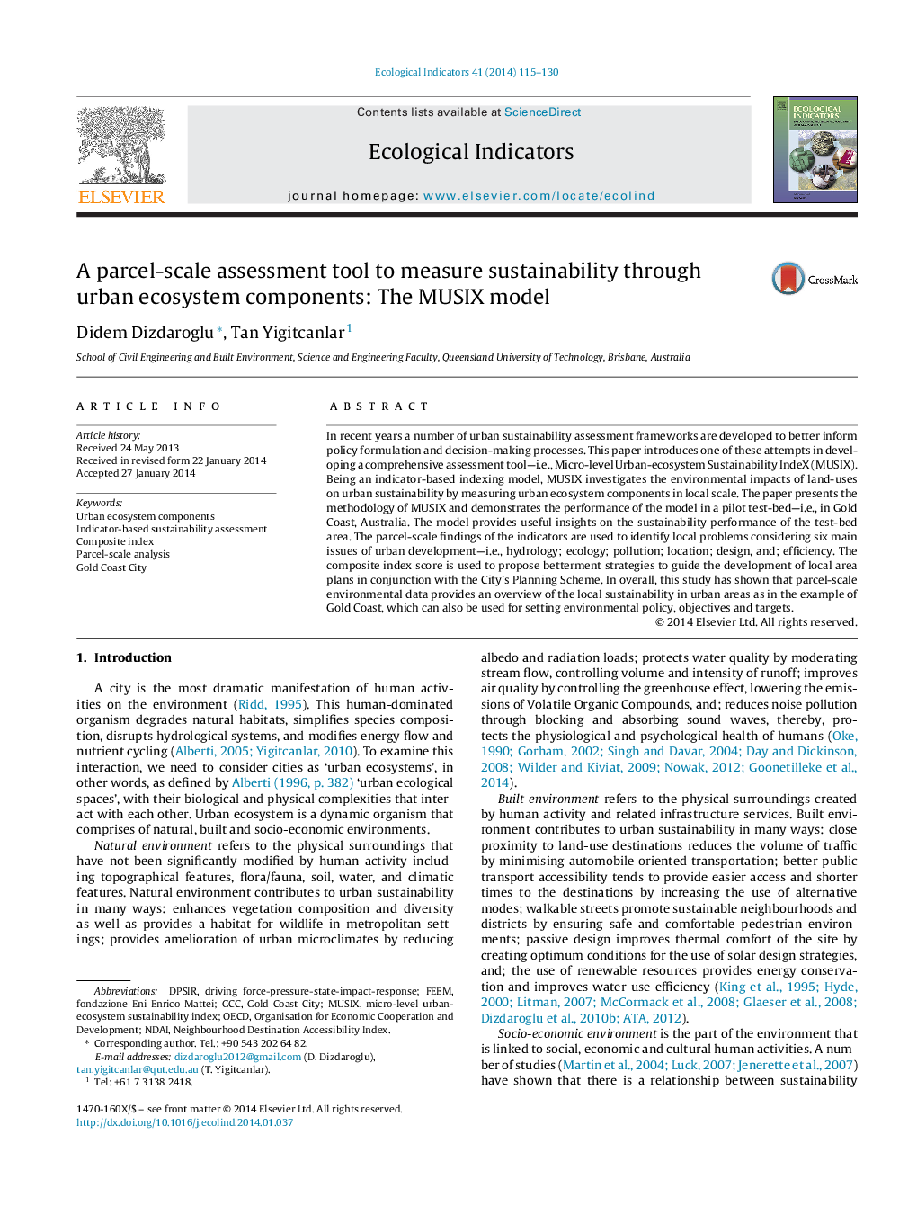 A parcel-scale assessment tool to measure sustainability through urban ecosystem components: The MUSIX model