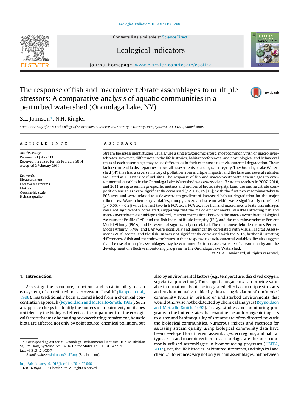 The response of fish and macroinvertebrate assemblages to multiple stressors: A comparative analysis of aquatic communities in a perturbed watershed (Onondaga Lake, NY)