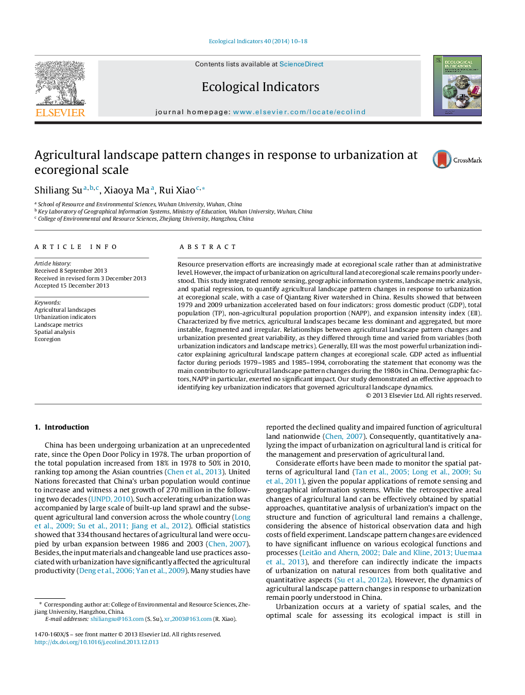 عکس صفحه اول مقاله: Agricultural landscape pattern changes in response to urbanization at ecoregional scale Agricultural landscape pattern changes in response to urbanization at ecoregional scale