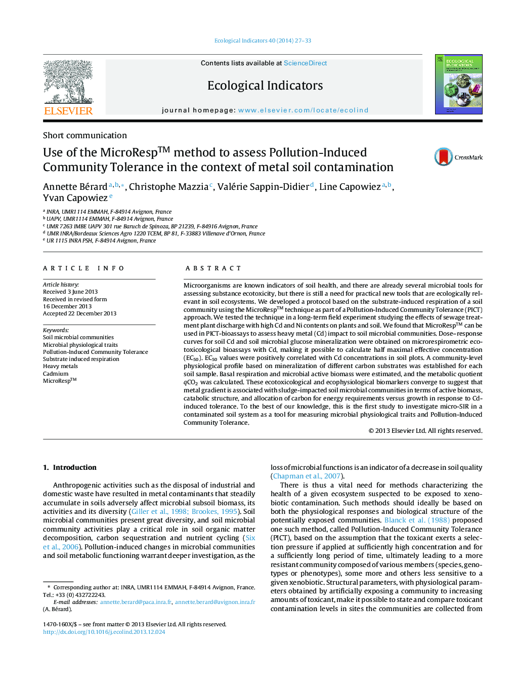 Use of the MicroResp™ method to assess Pollution-Induced Community Tolerance in the context of metal soil contamination