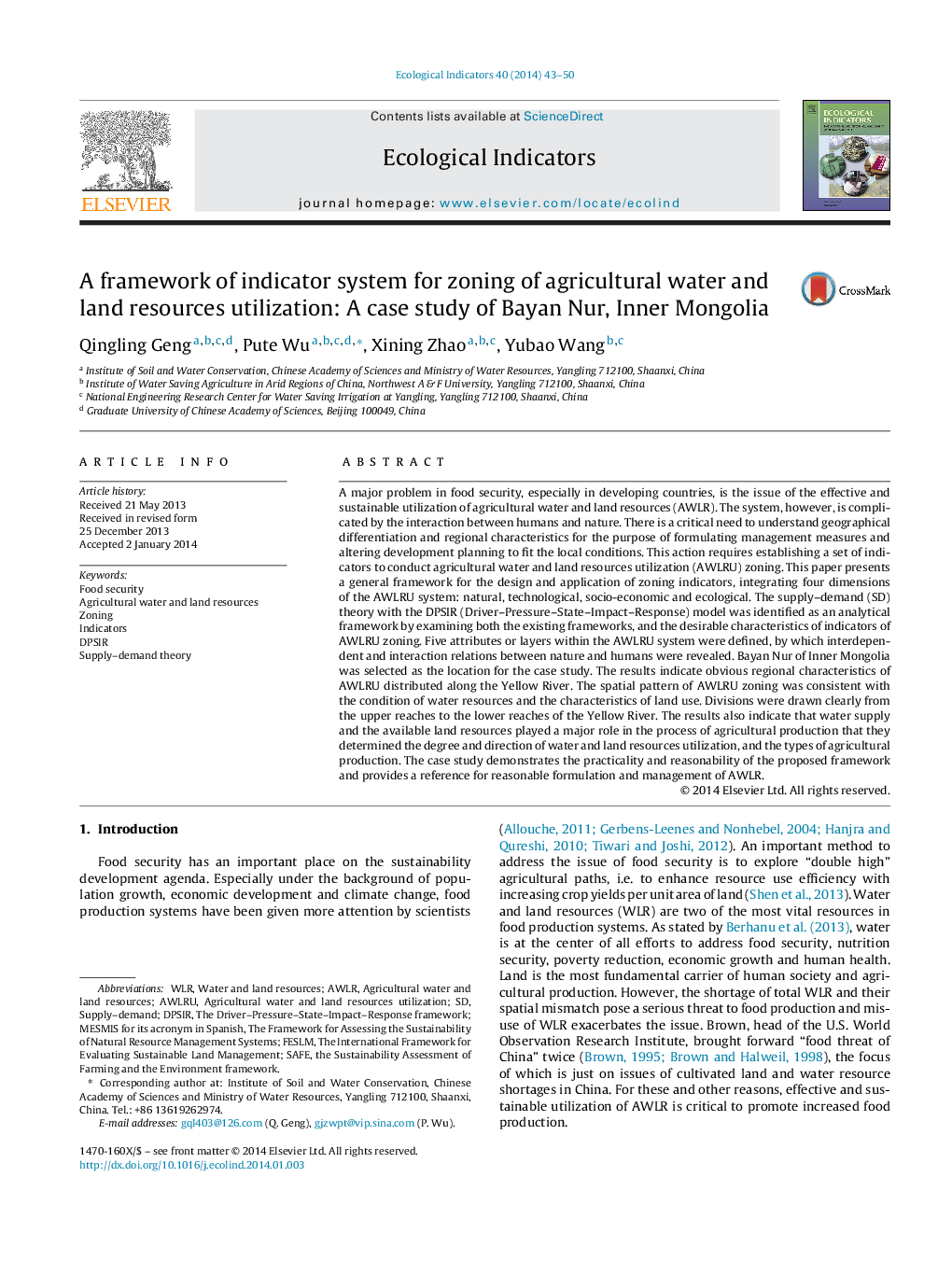 A framework of indicator system for zoning of agricultural water and land resources utilization: A case study of Bayan Nur, Inner Mongolia