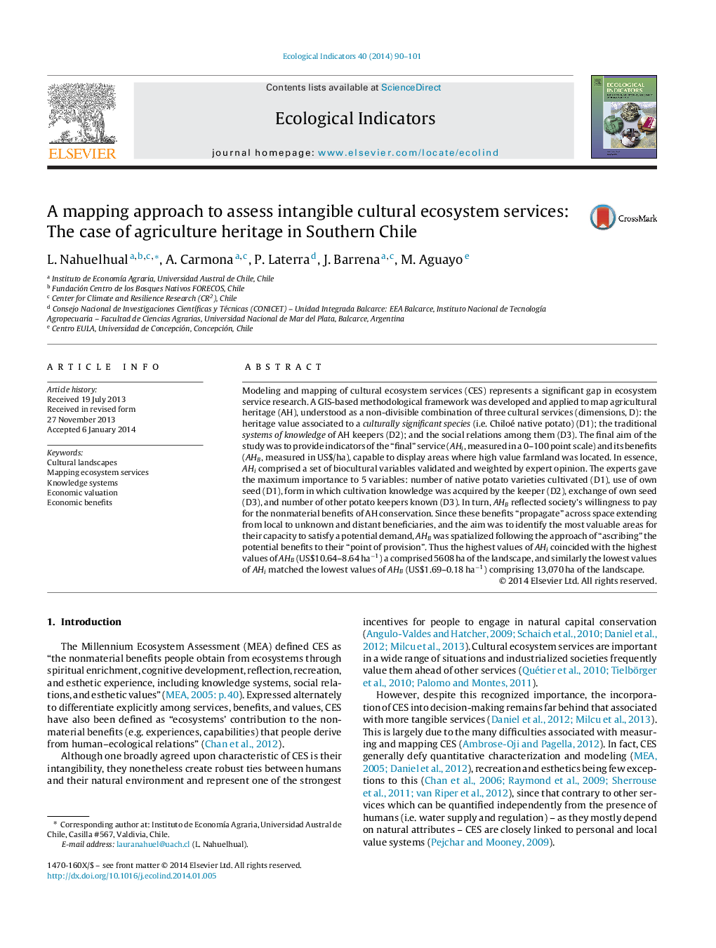 A mapping approach to assess intangible cultural ecosystem services: The case of agriculture heritage in Southern Chile