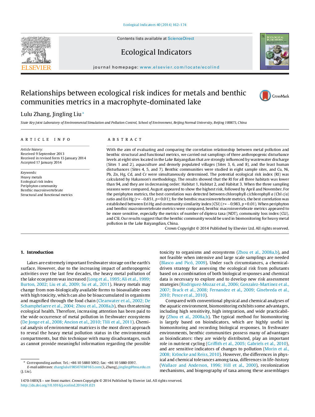 Relationships between ecological risk indices for metals and benthic communities metrics in a macrophyte-dominated lake