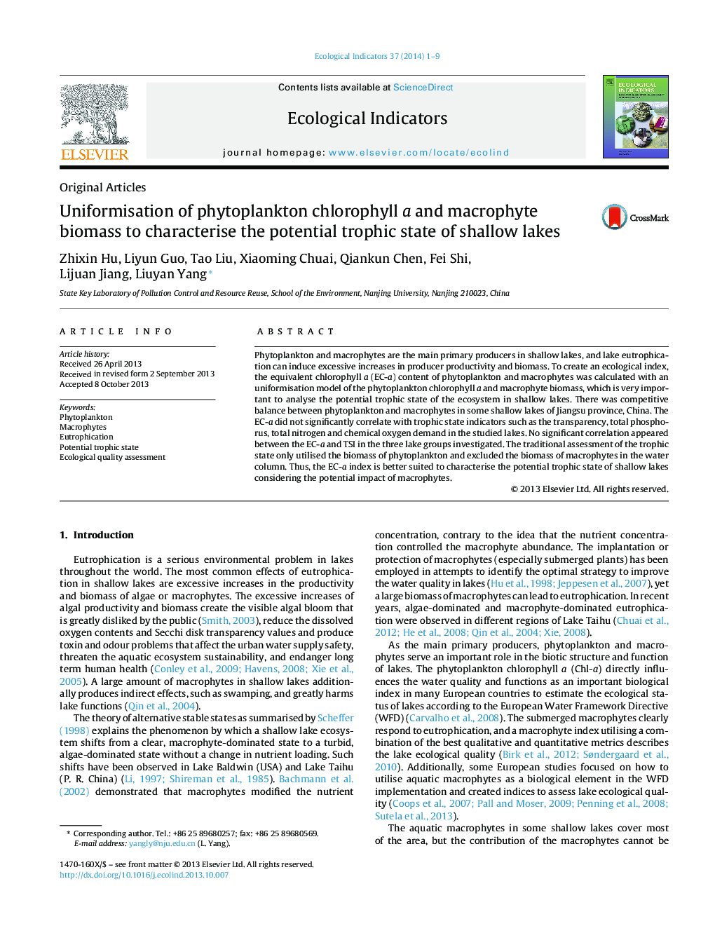 Uniformisation of phytoplankton chlorophyll a and macrophyte biomass to characterise the potential trophic state of shallow lakes