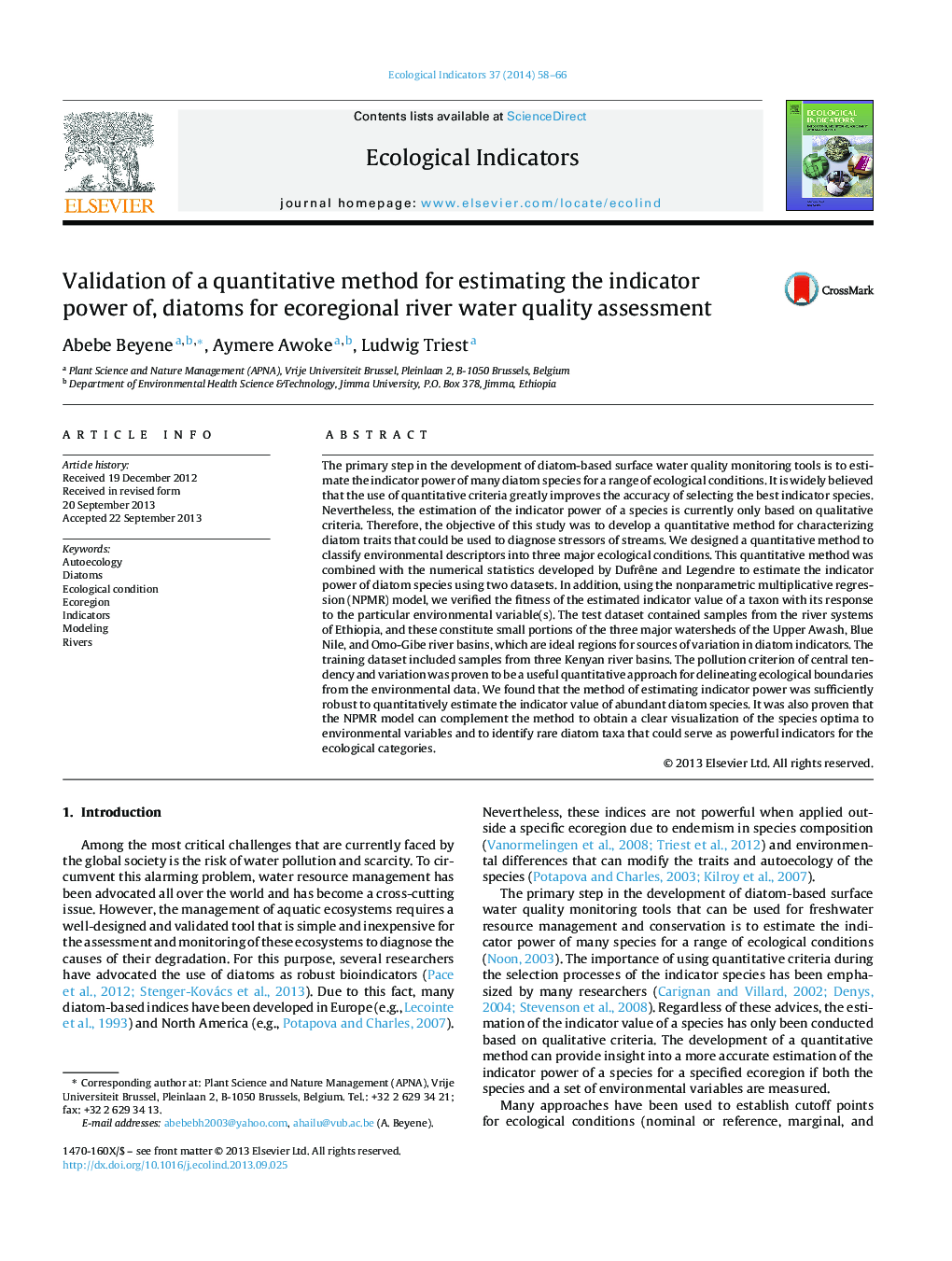 Validation of a quantitative method for estimating the indicator power of, diatoms for ecoregional river water quality assessment