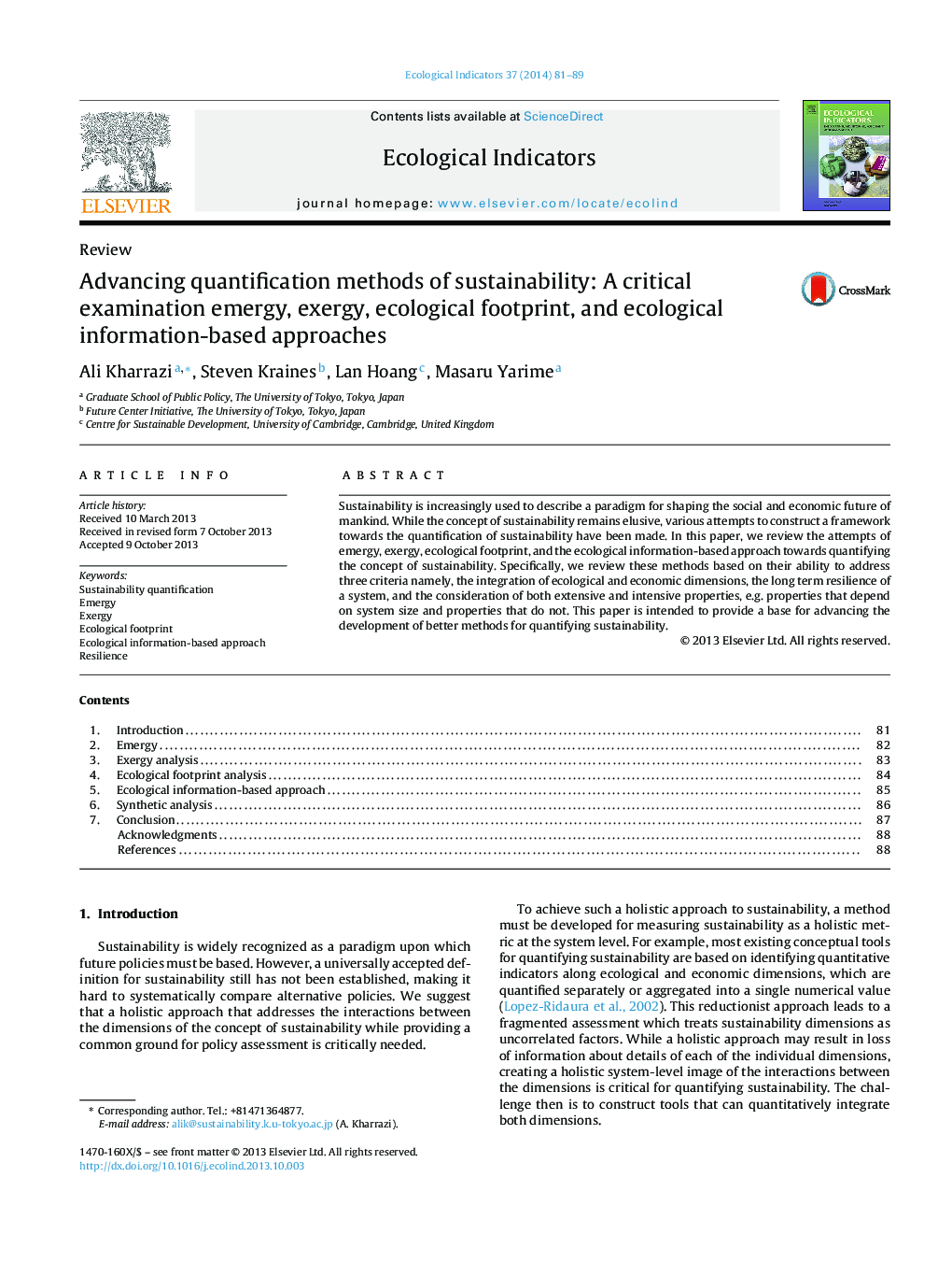 Advancing quantification methods of sustainability: A critical examination emergy, exergy, ecological footprint, and ecological information-based approaches
