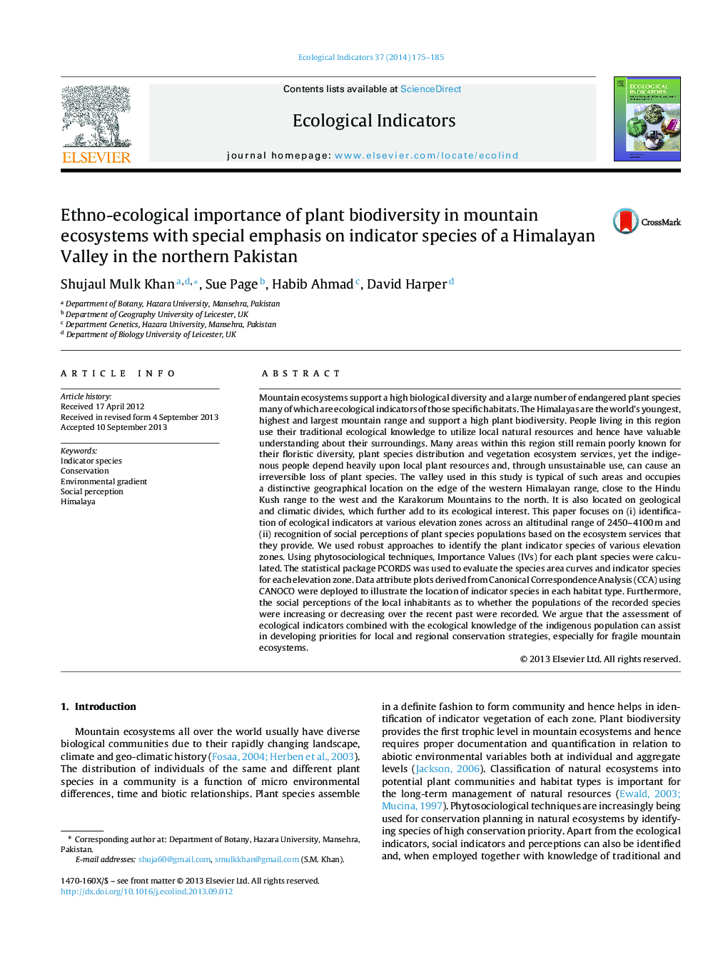 Ethno-ecological importance of plant biodiversity in mountain ecosystems with special emphasis on indicator species of a Himalayan Valley in the northern Pakistan