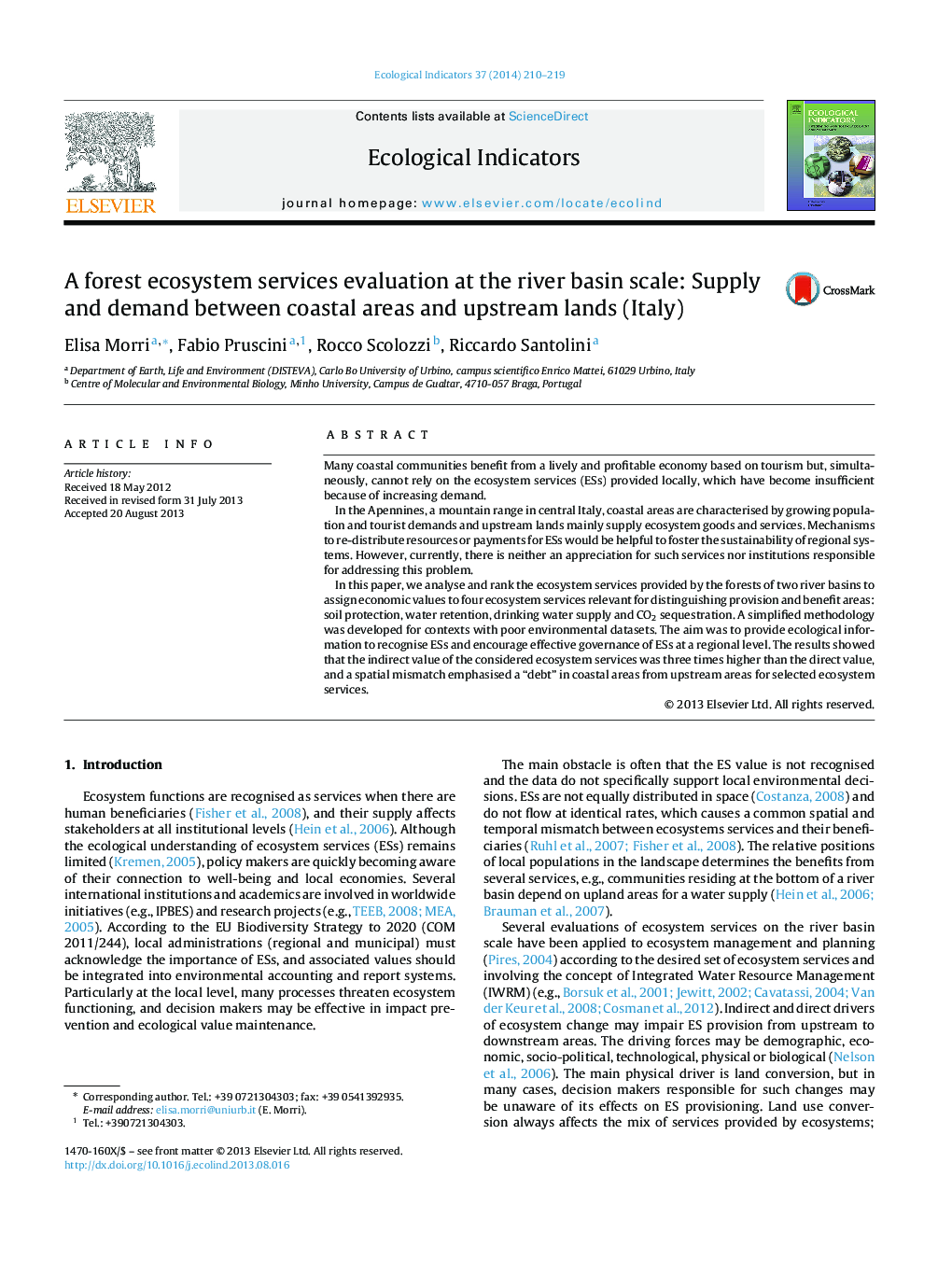 A forest ecosystem services evaluation at the river basin scale: Supply and demand between coastal areas and upstream lands (Italy)
