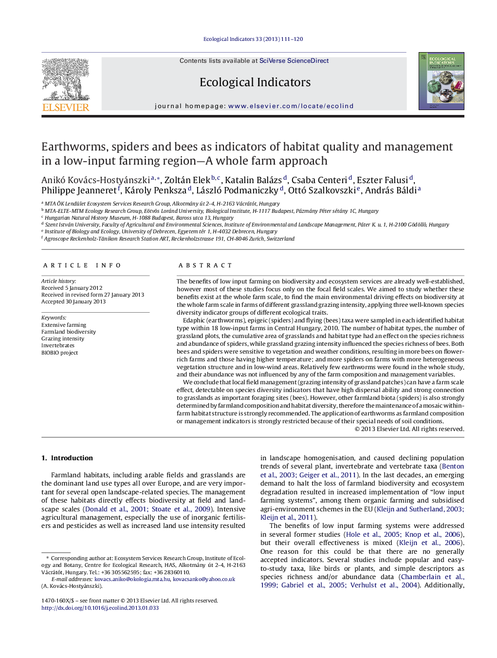 Earthworms, spiders and bees as indicators of habitat quality and management in a low-input farming region-A whole farm approach