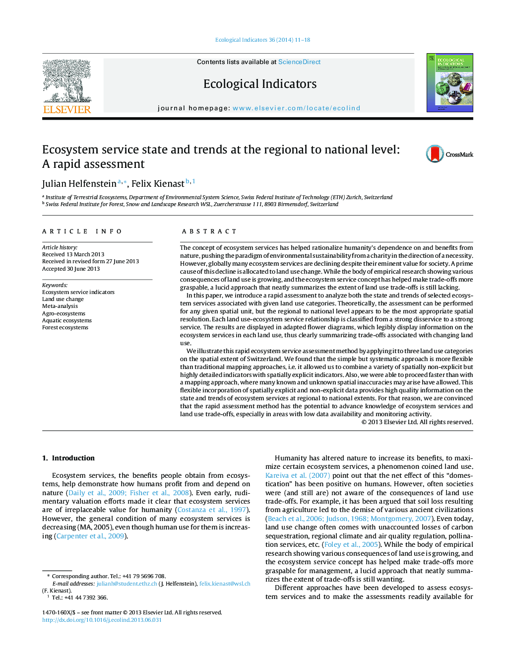 Ecosystem service state and trends at the regional to national level: A rapid assessment