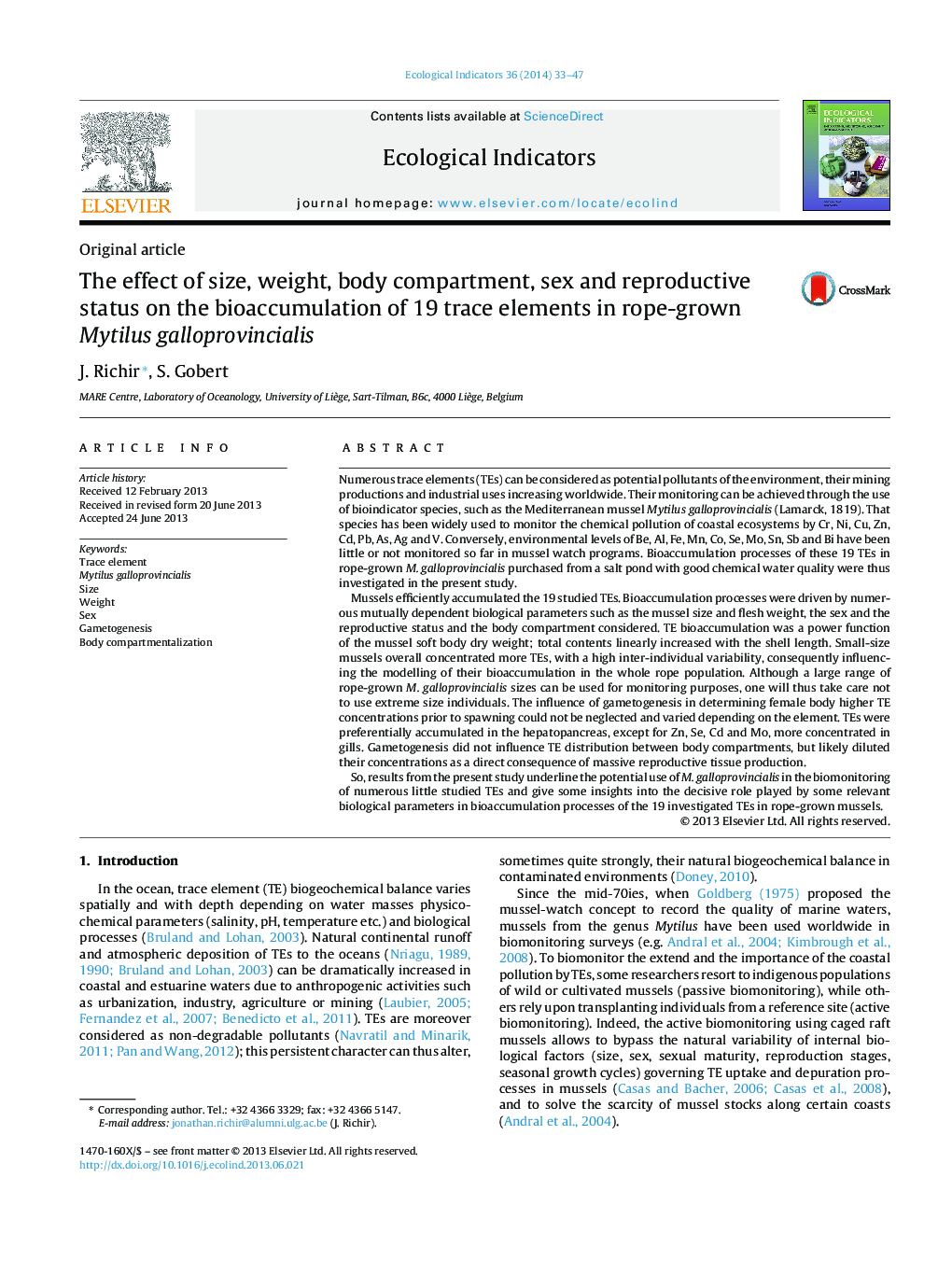 The effect of size, weight, body compartment, sex and reproductive status on the bioaccumulation of 19 trace elements in rope-grown Mytilus galloprovincialis