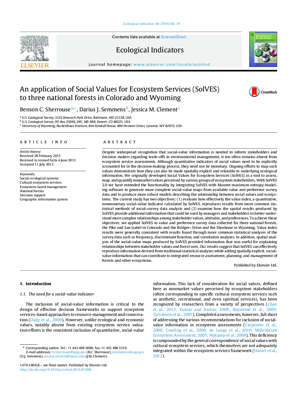 An application of Social Values for Ecosystem Services (SolVES) to three national forests in Colorado and Wyoming