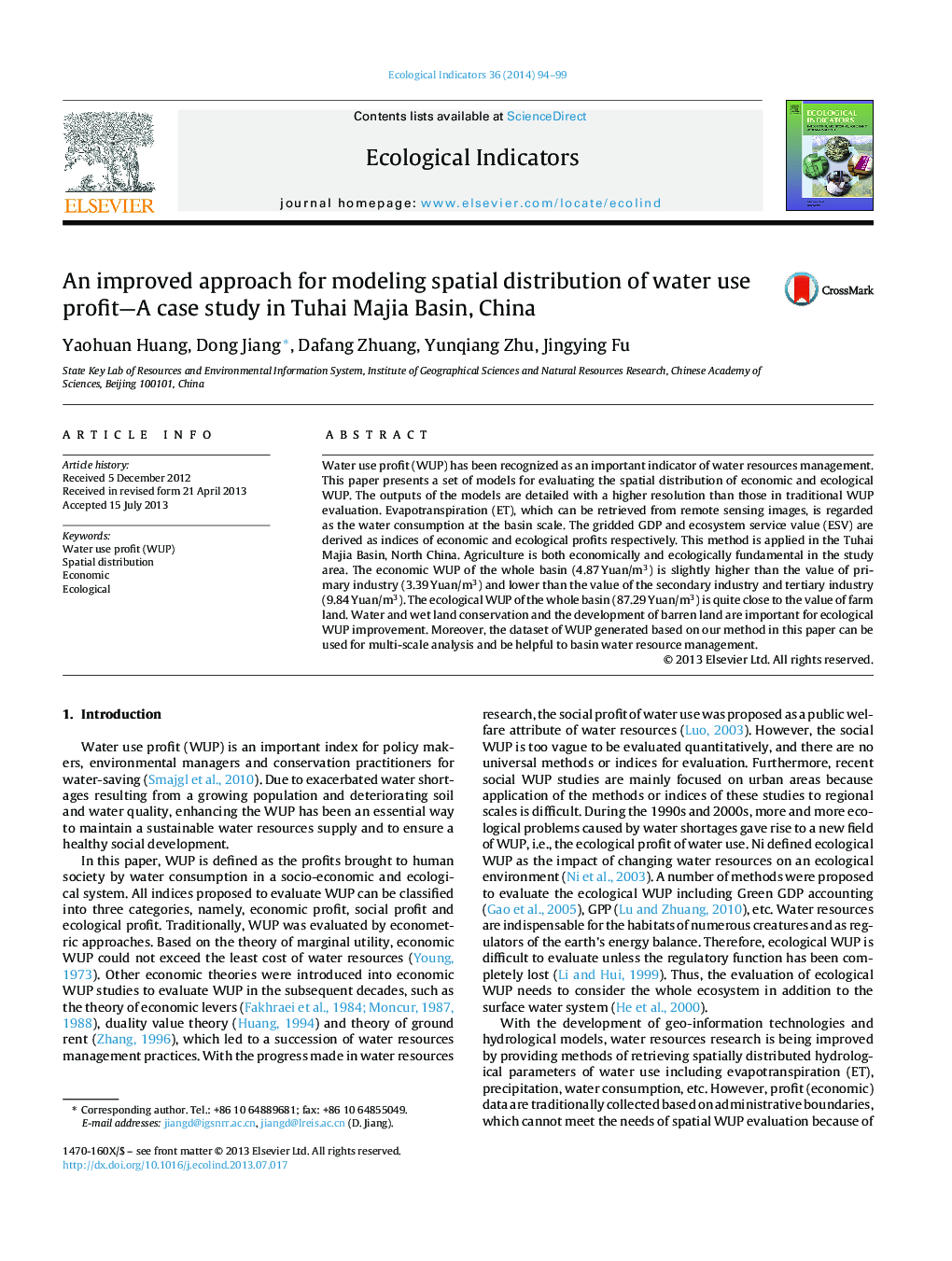 An improved approach for modeling spatial distribution of water use profit-A case study in Tuhai Majia Basin, China