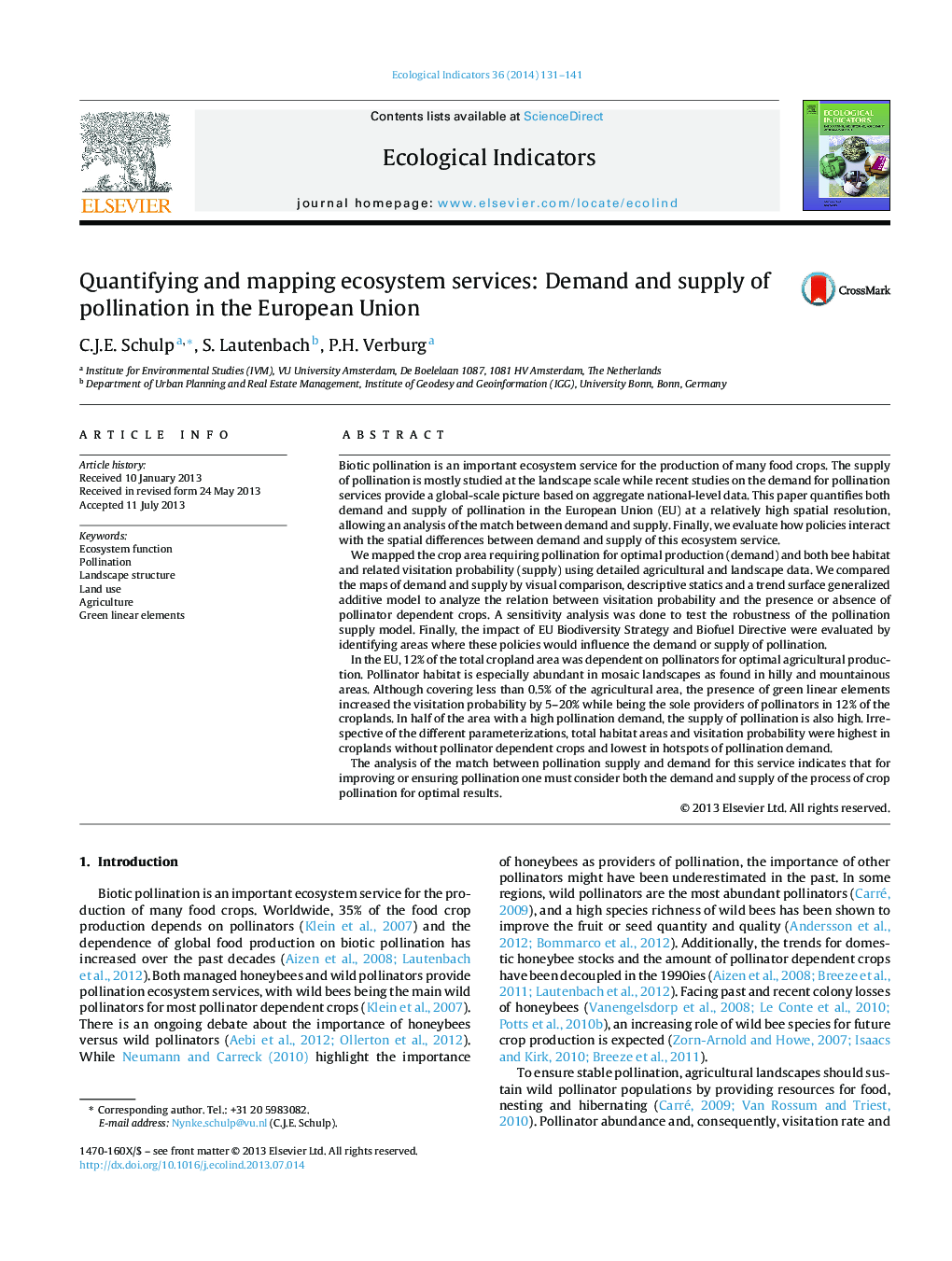 Quantifying and mapping ecosystem services: Demand and supply of pollination in the European Union