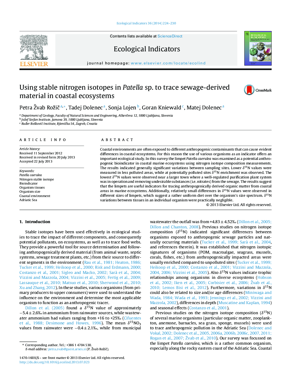 Using stable nitrogen isotopes in Patella sp. to trace sewage-derived material in coastal ecosystems