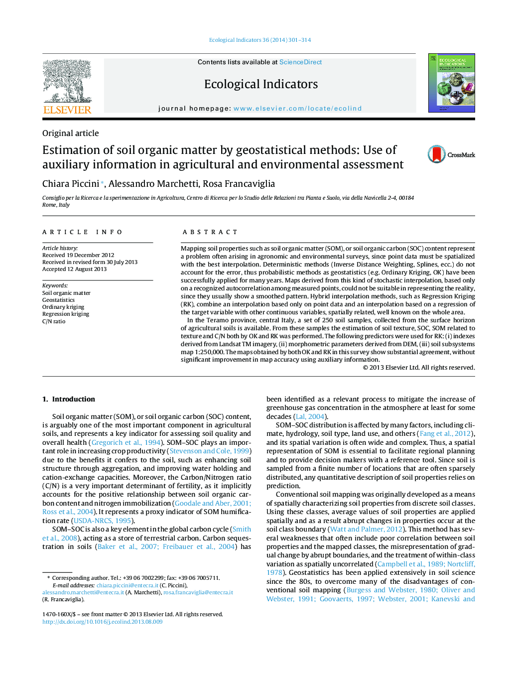 Estimation of soil organic matter by geostatistical methods: Use of auxiliary information in agricultural and environmental assessment