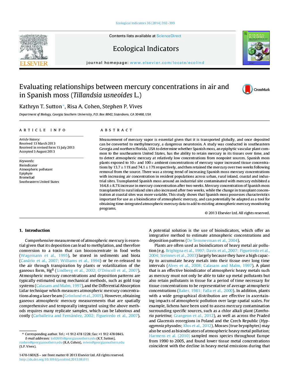 Evaluating relationships between mercury concentrations in air and in Spanish moss (Tillandsia usneoides L.)