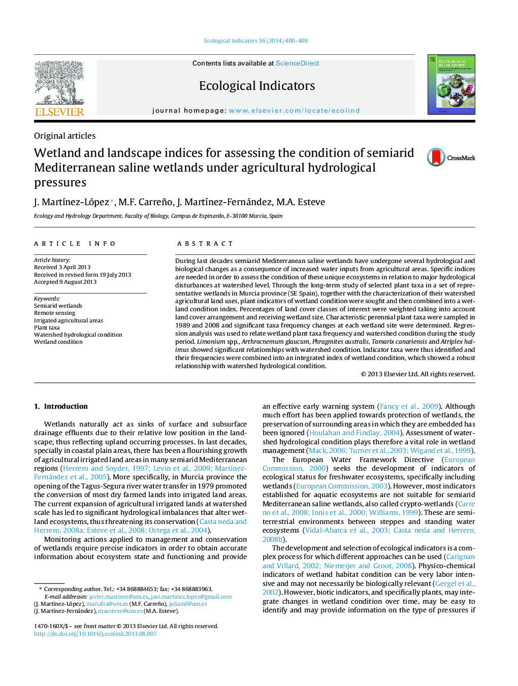 Wetland and landscape indices for assessing the condition of semiarid Mediterranean saline wetlands under agricultural hydrological pressures