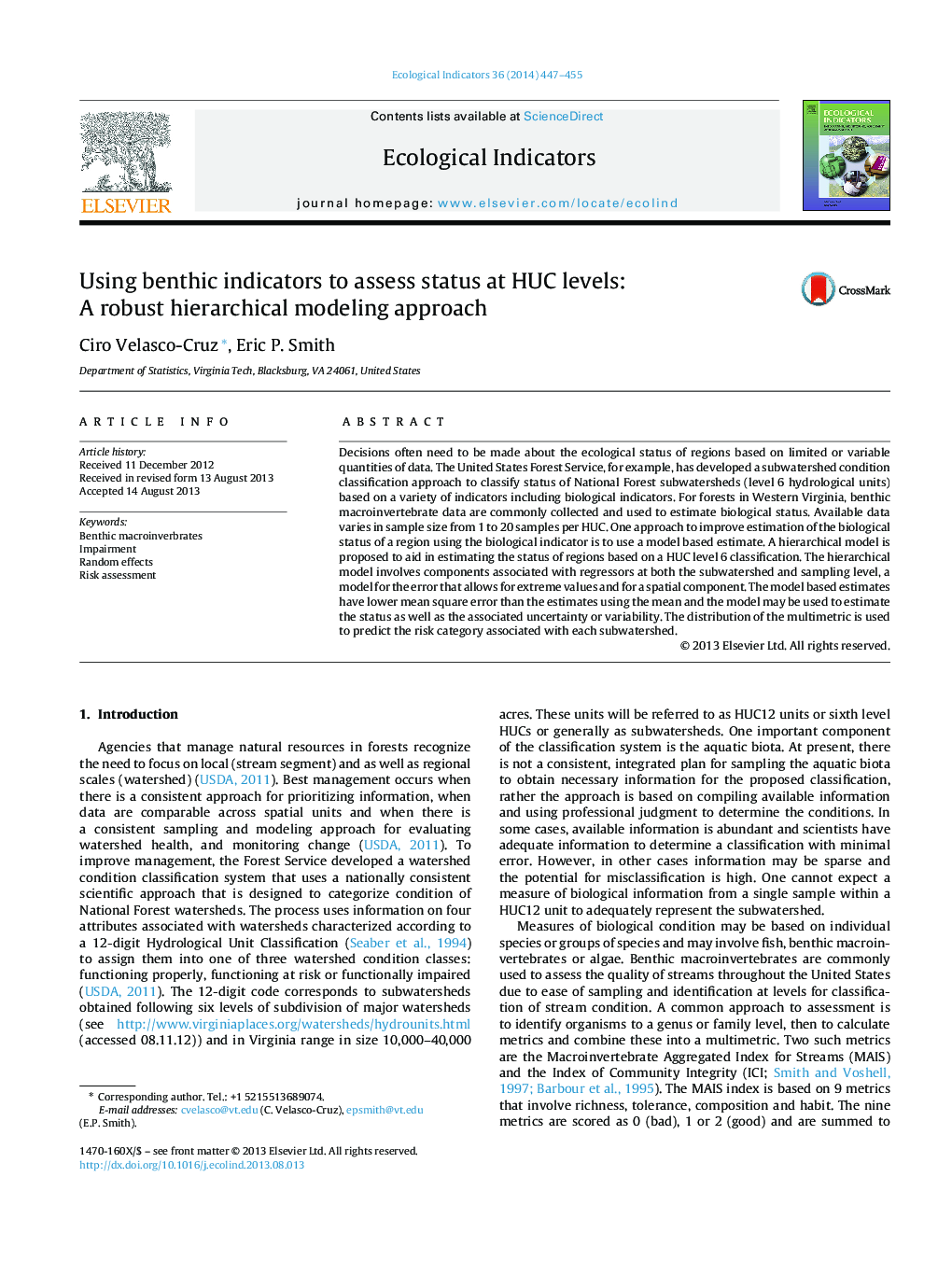 Using benthic indicators to assess status at HUC levels: A robust hierarchical modeling approach