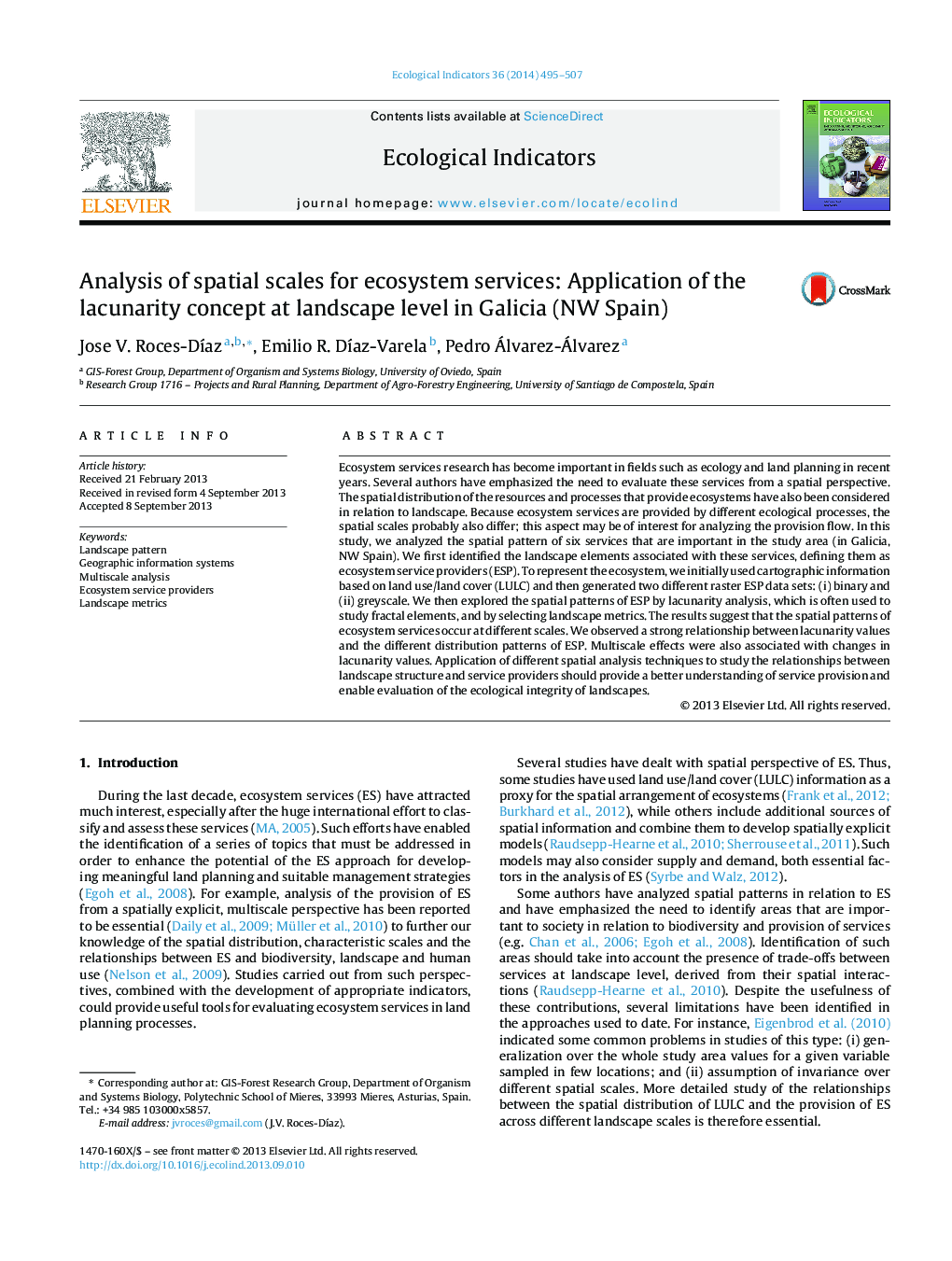 Analysis of spatial scales for ecosystem services: Application of the lacunarity concept at landscape level in Galicia (NW Spain)