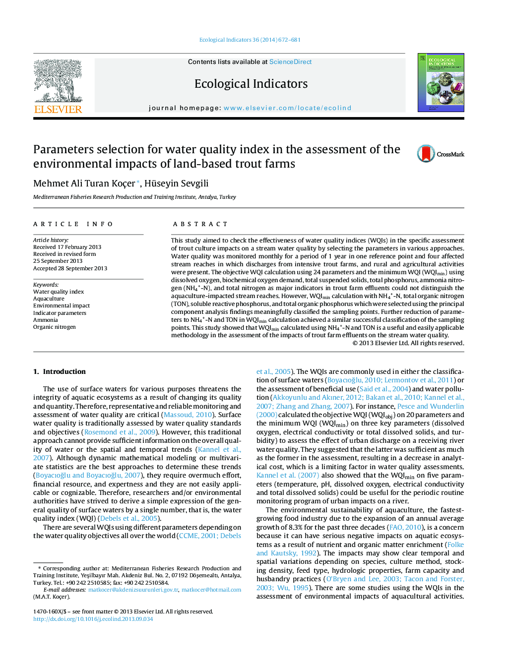 Parameters selection for water quality index in the assessment of the environmental impacts of land-based trout farms