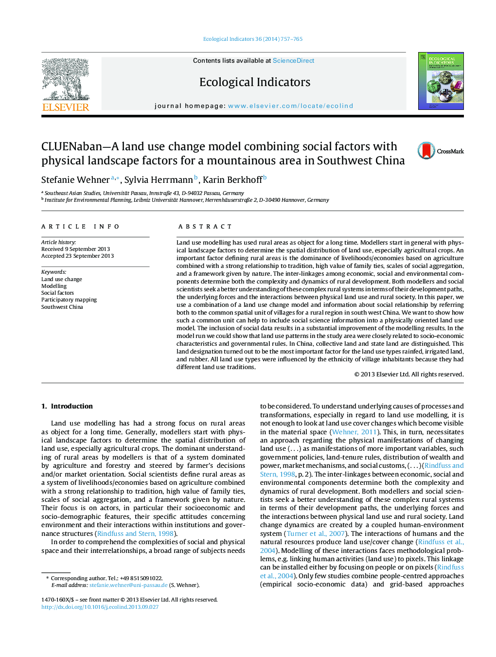 CLUENaban—A land use change model combining social factors with physical landscape factors for a mountainous area in Southwest China
