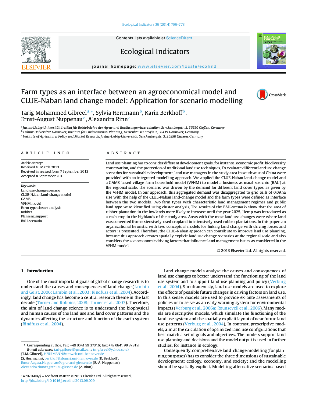 Farm types as an interface between an agroeconomical model and CLUE-Naban land change model: Application for scenario modelling