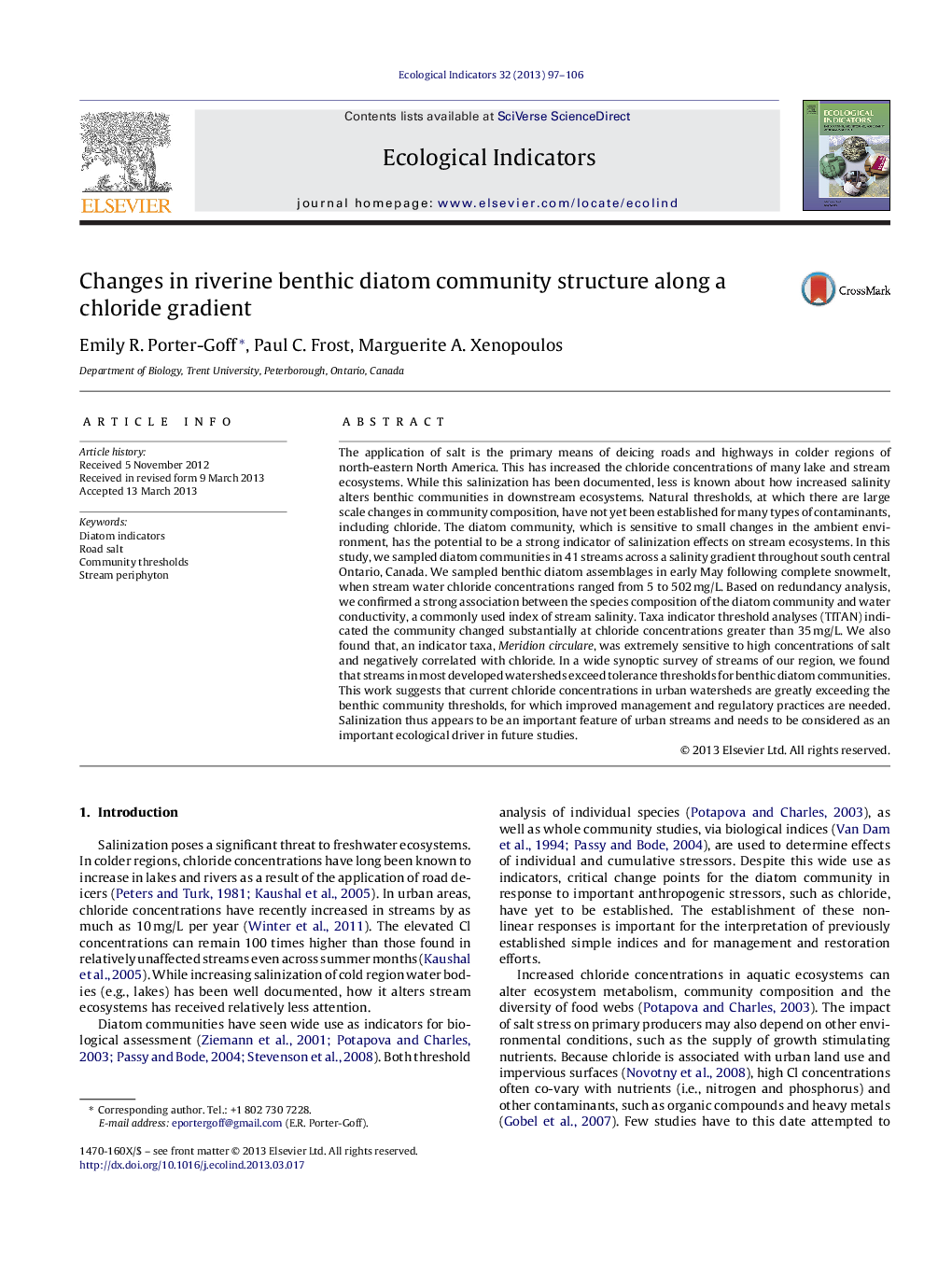 Changes in riverine benthic diatom community structure along a chloride gradient