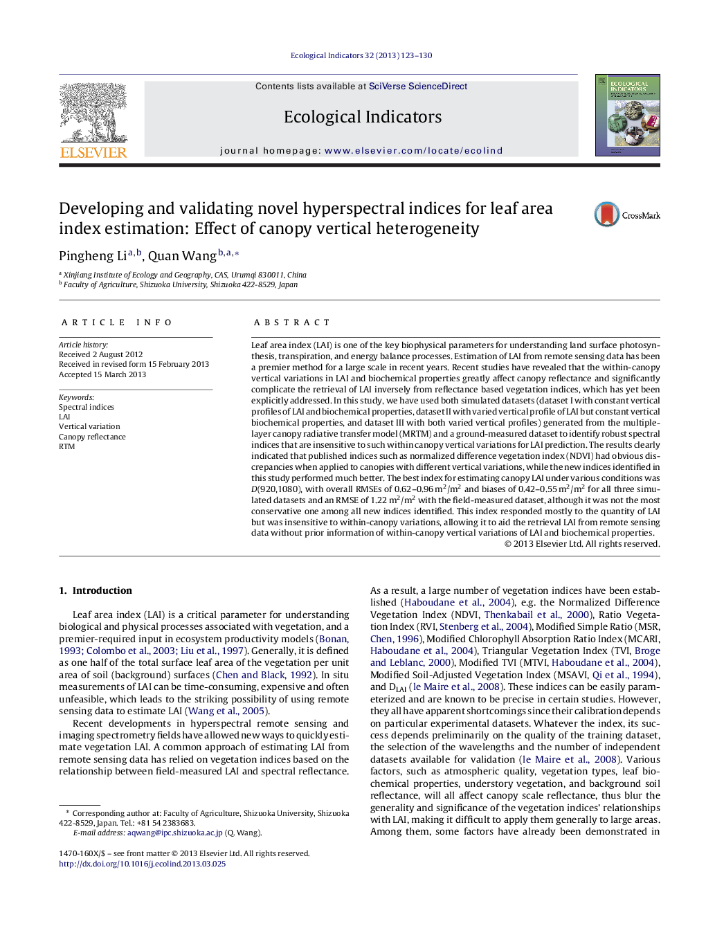 Developing and validating novel hyperspectral indices for leaf area index estimation: Effect of canopy vertical heterogeneity