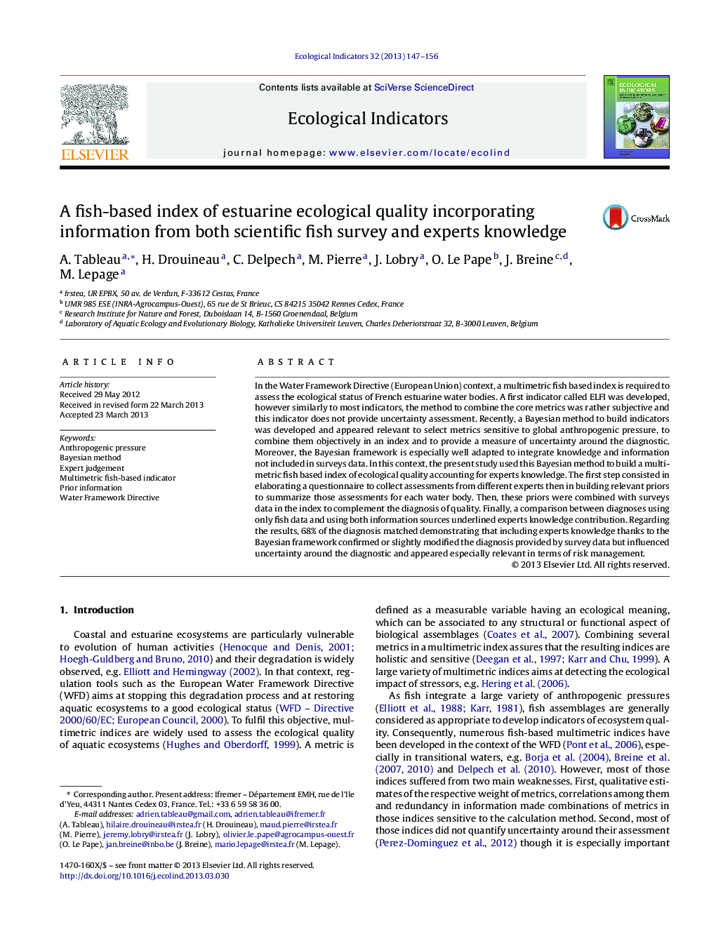 A fish-based index of estuarine ecological quality incorporating information from both scientific fish survey and experts knowledge