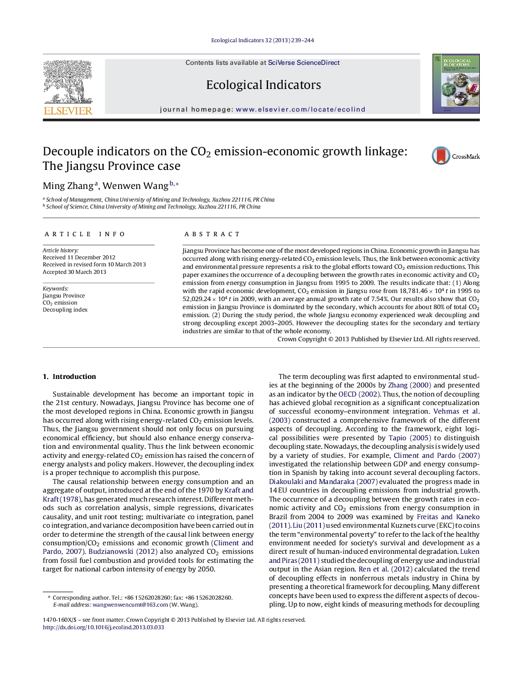 Decouple indicators on the CO2 emission-economic growth linkage: The Jiangsu Province case