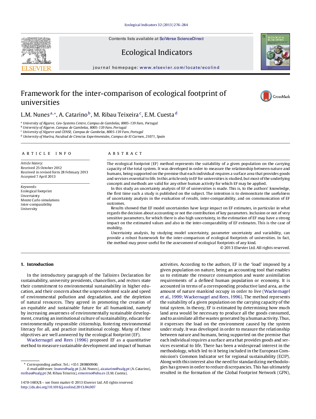 Framework for the inter-comparison of ecological footprint of universities