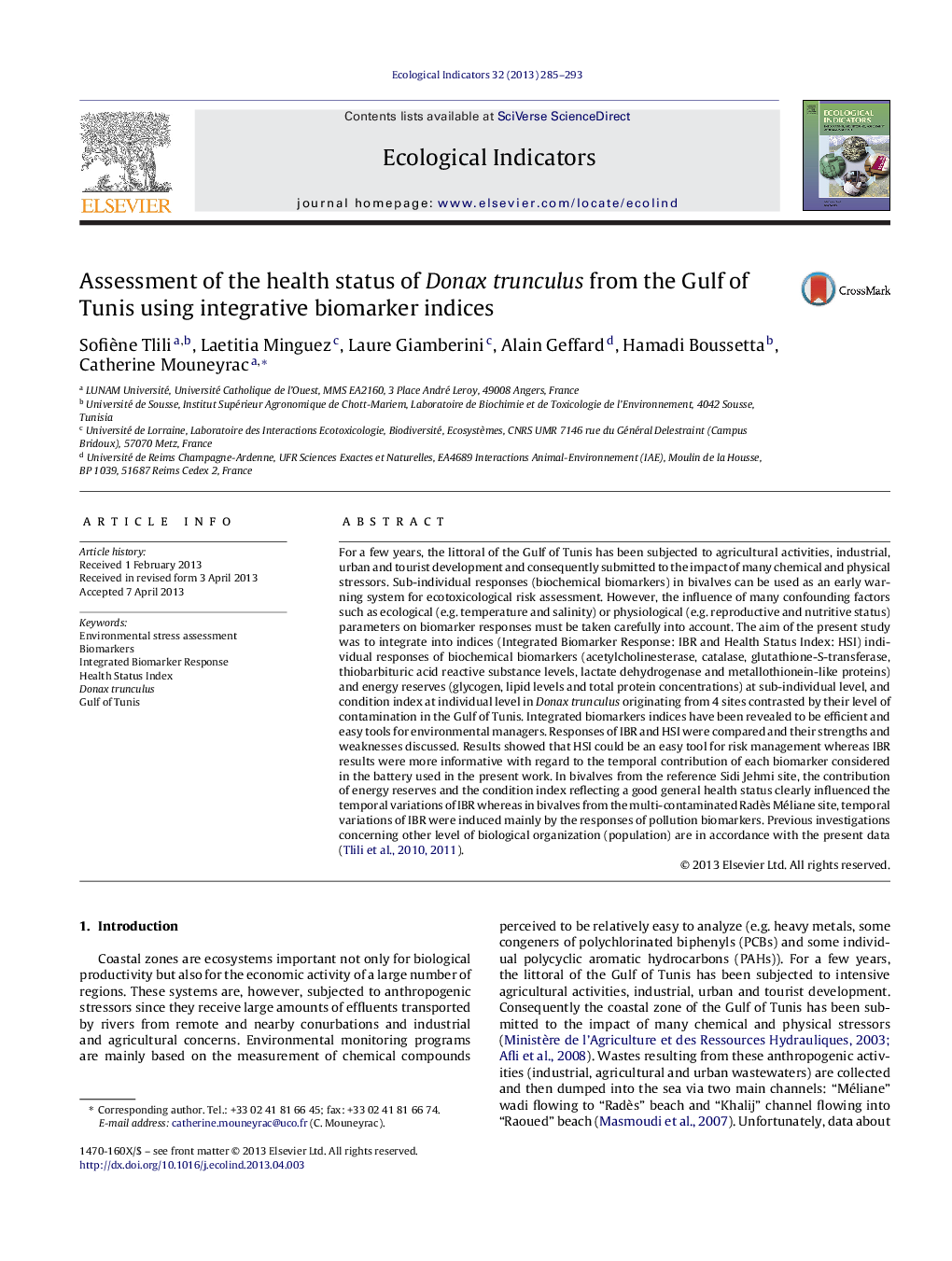 Assessment of the health status of Donax trunculus from the Gulf of Tunis using integrative biomarker indices