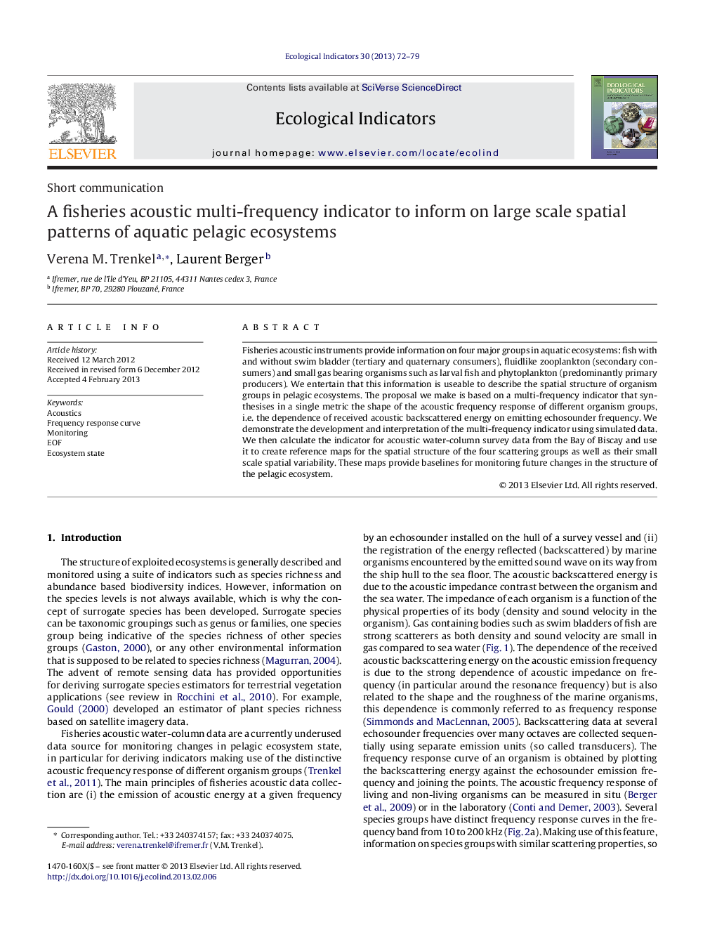 A fisheries acoustic multi-frequency indicator to inform on large scale spatial patterns of aquatic pelagic ecosystems