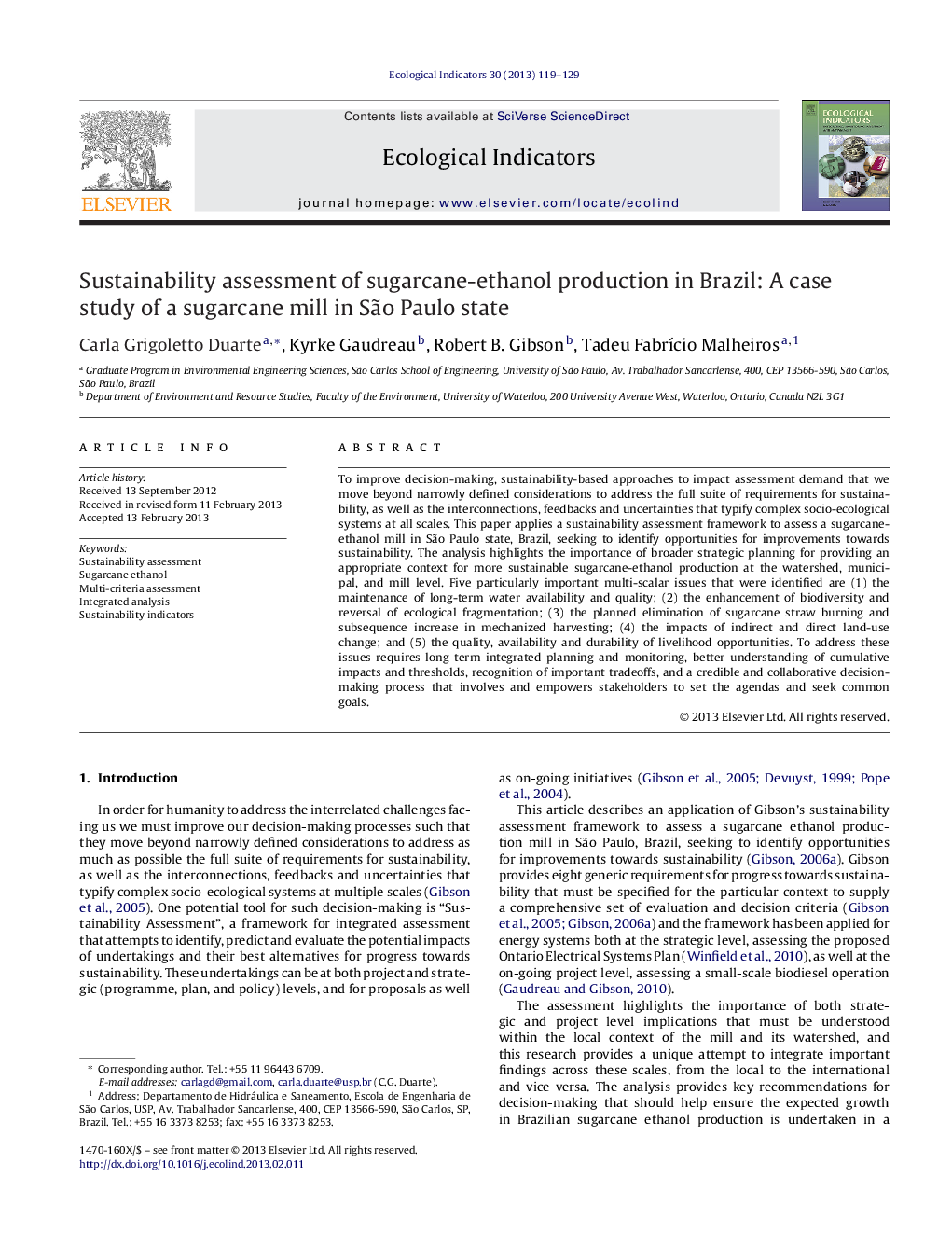 Sustainability assessment of sugarcane-ethanol production in Brazil: A case study of a sugarcane mill in São Paulo state