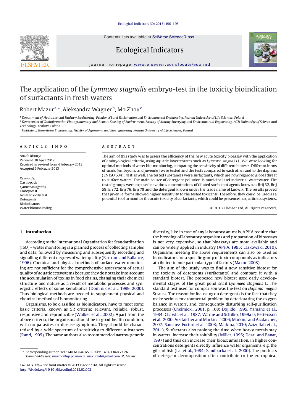 The application of the Lymnaea stagnalis embryo-test in the toxicity bioindication of surfactants in fresh waters