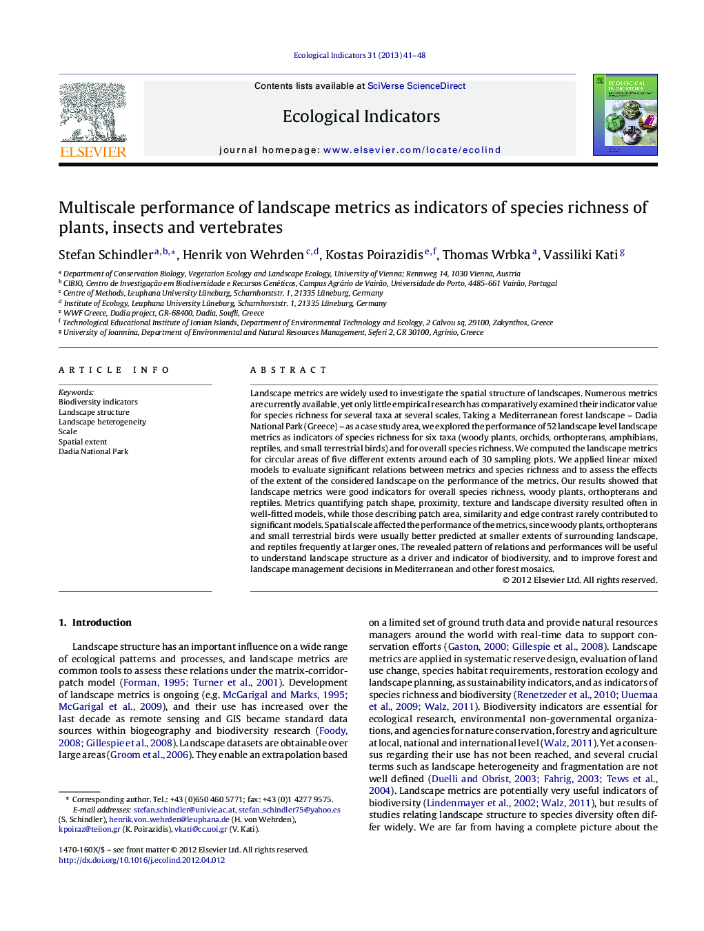 Multiscale performance of landscape metrics as indicators of species richness of plants, insects and vertebrates